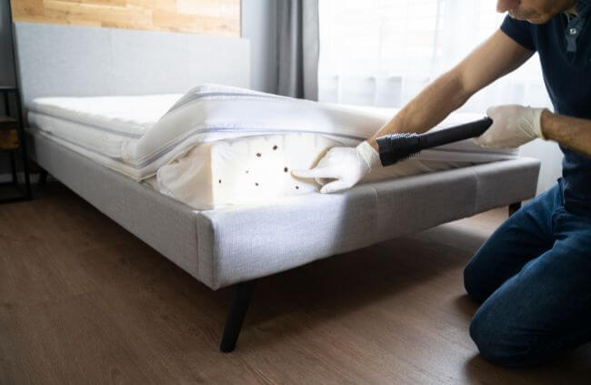 Bed bug pest control in Sydney by True Blue Pest Control, inspecting mattress for signs of infestation.