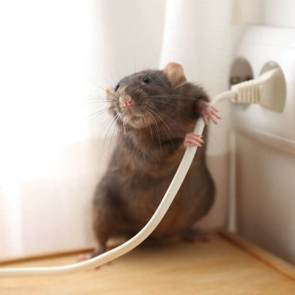 Rat chewing power cable inside Sydney home, highlighting need for urgent rodent pest control by True Blue Pest Control. Rat chewing power cable inside Sydney home, highlighting need for urgent rodent pest control by True Blue Pest Control.