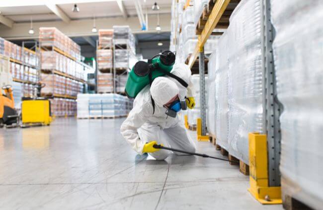 True Blue Pest Control technician delivering commercial pest control in Sydney warehouse with safe, professional-grade treatment.