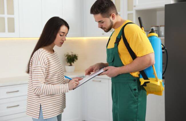 True Blue Pest Control technician discussing end of lease pest control service with Sydney tenant before treatment.