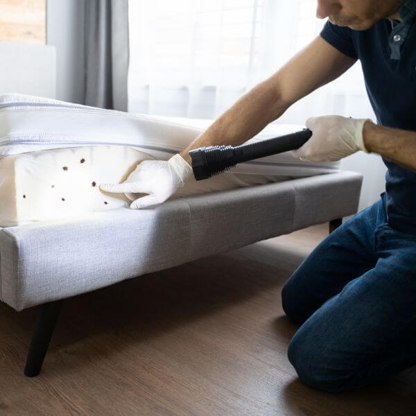 True Blue Pest Control technician inspecting a bed bug infestation in Sydney using a flashlight during a professional bed bug pest control service. True Blue Pest Control technician inspecting a bed bug infestation in Sydney using a flashlight during a professional bed bug pest control service.
