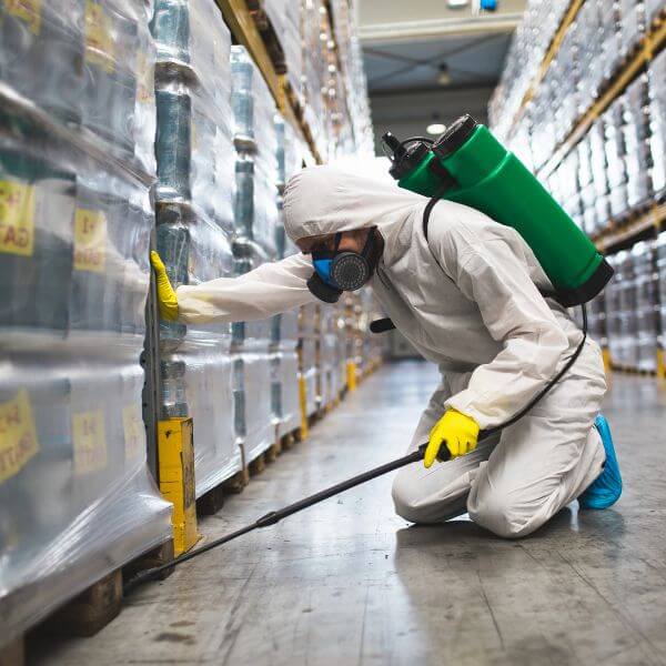 True Blue Pest Control technician performing commercial pest management services in Sydney warehouse using industrial spray equipment. True Blue Pest Control technician performing commercial pest management services in Sydney warehouse using industrial spray equipment.