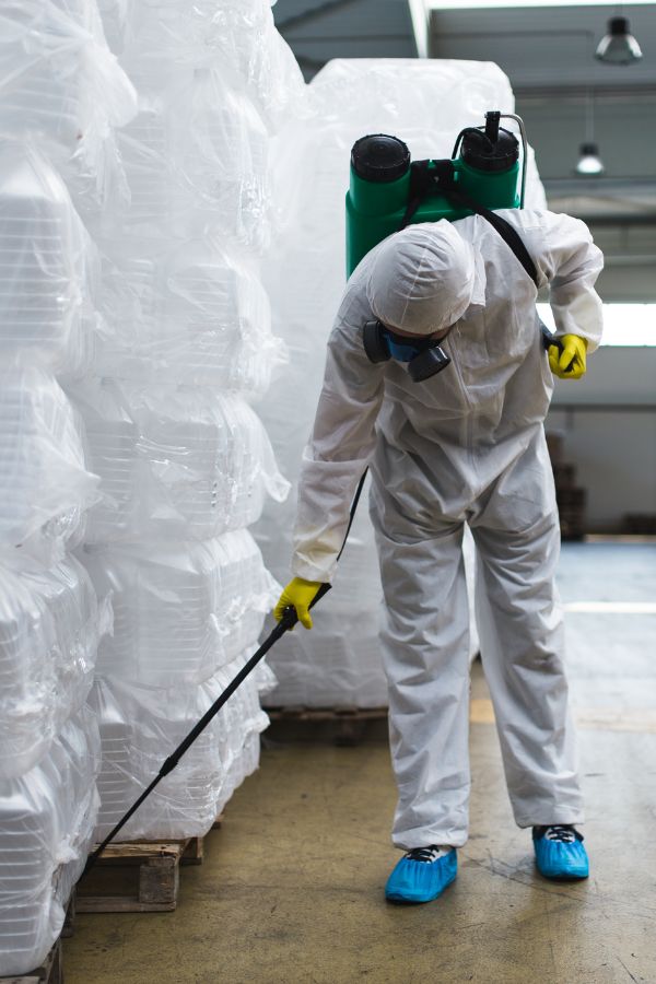 True Blue Pest Control technician performing industrial pest control in Sydney warehouse using commercial-grade spray equipment for insect management.