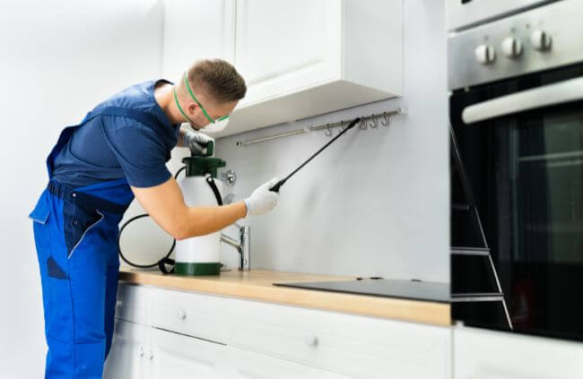General pest control in Campbelltown being applied to kitchen area by skilled technician from True Blue Pest Control.
