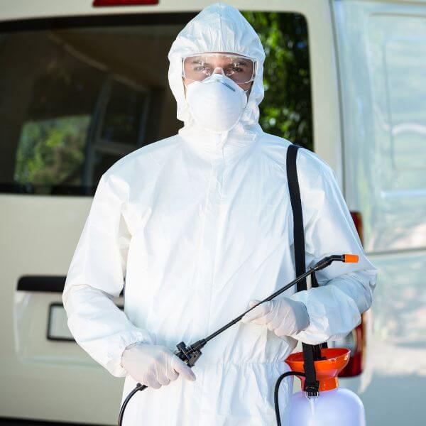 Pest control in Fairfield carried out by True Blue Pest Control technician in protective clothing with professional spray gear.